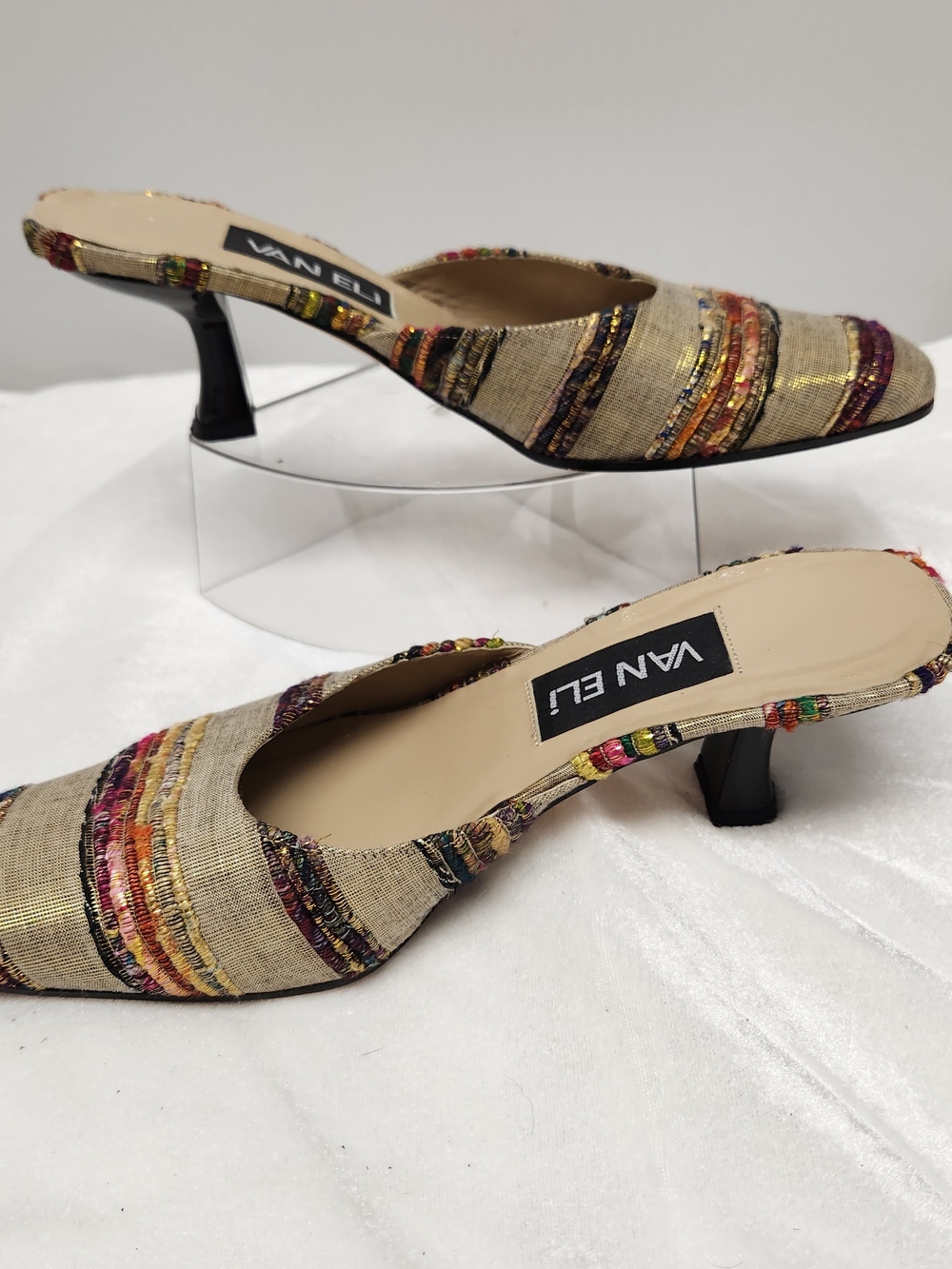 Vaneli Beige Pointed-Toe Mules with Multicolor Metallic Stripes